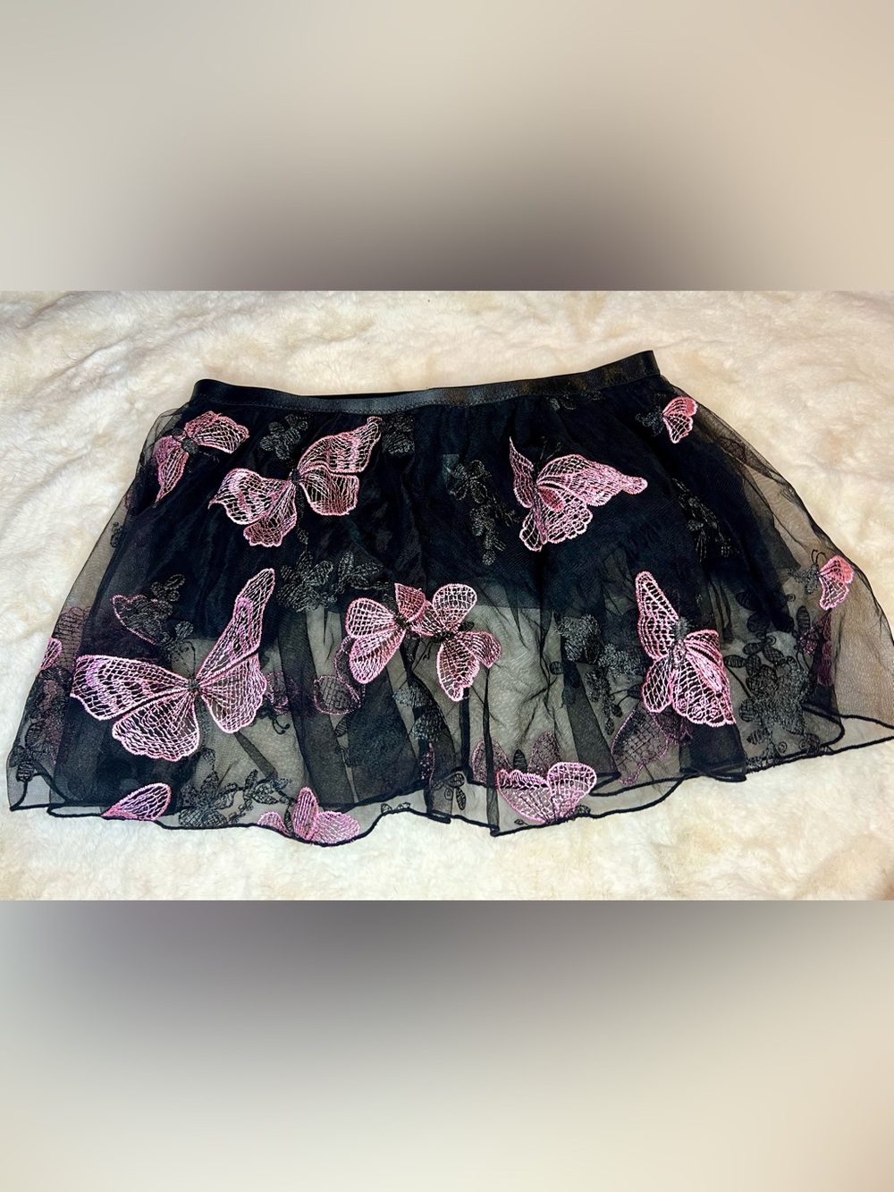 Y2K Boutique Black Sheer Tulle Fairycore Skirt with Pink Butterfly Embroidery